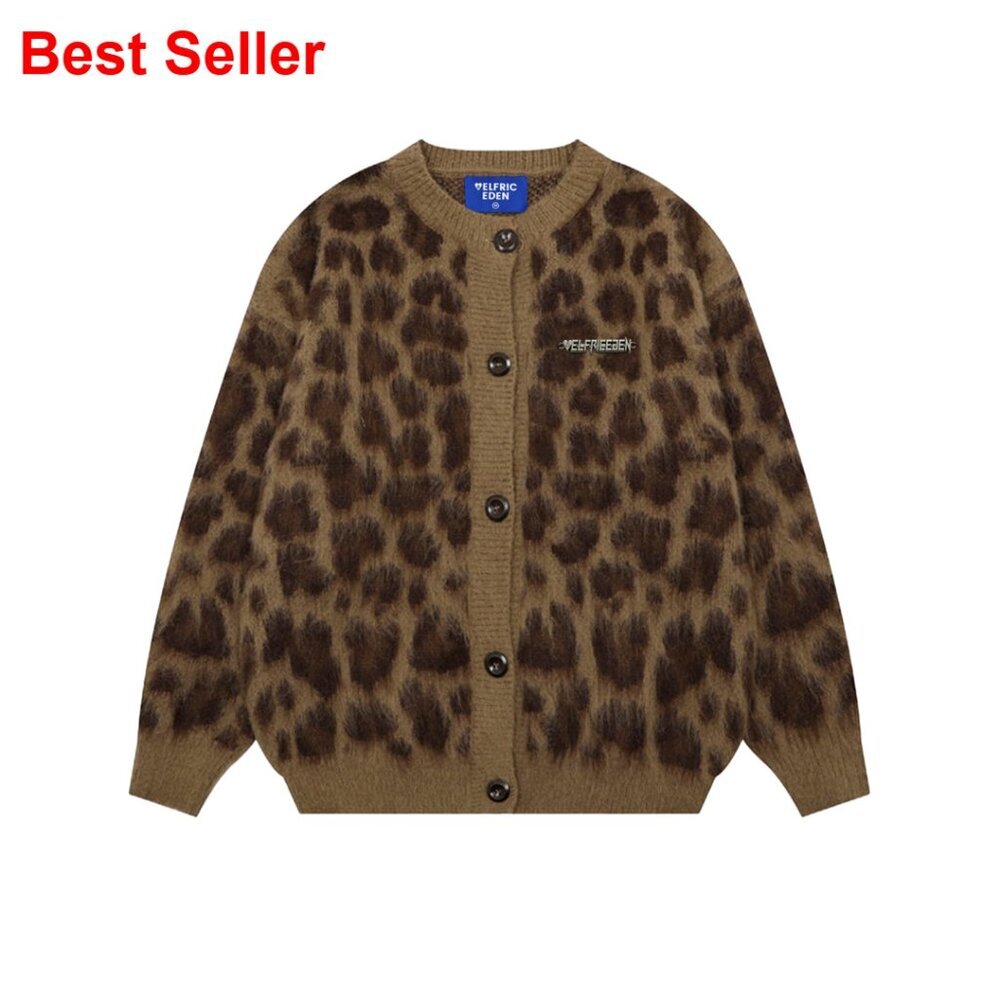 Oversized Leopard Print Cardigan, Crewneck Long Sleeve Button Sweater, Y2K